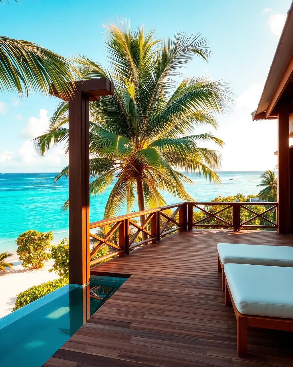 Terrasse en bois avec palmiers face au lagon turquoise de Guadeloupe