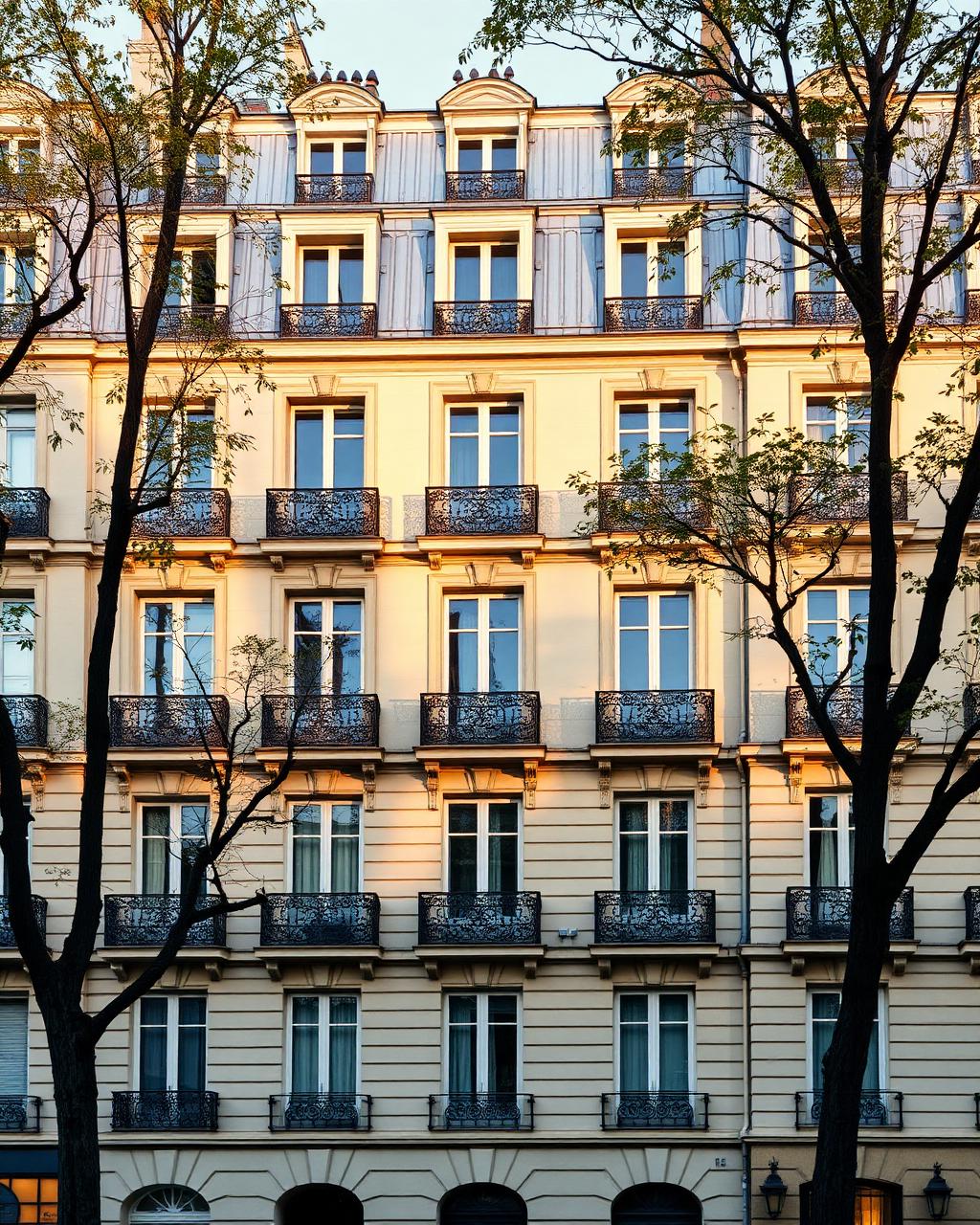 Façade haussmannienne à Paris au coucher du soleil