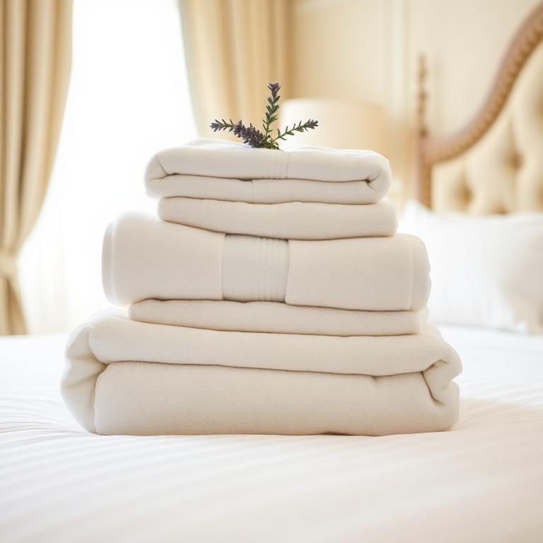 Linge hôtelier impeccable plié sur un lit